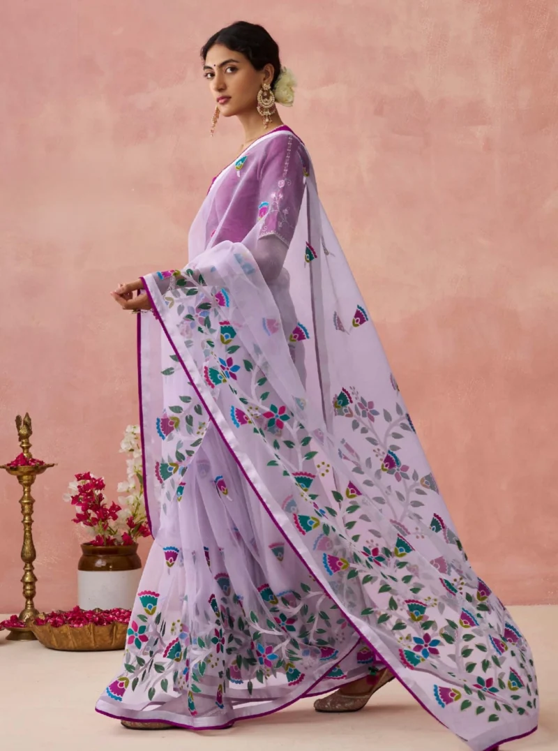 Lavender Brasso Organza Saree with Leaf Design and Embroidered Blouse