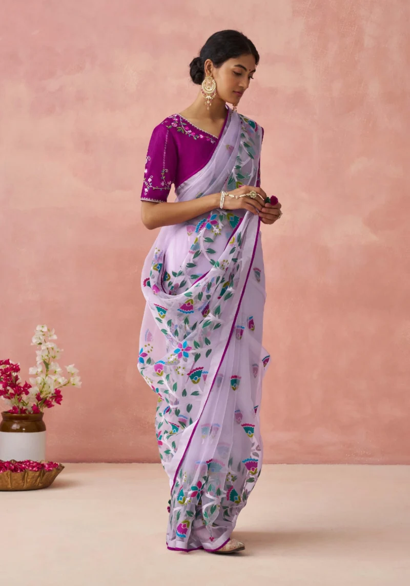 Lavender Brasso Organza Saree with Leaf Design and Embroidered Blouse