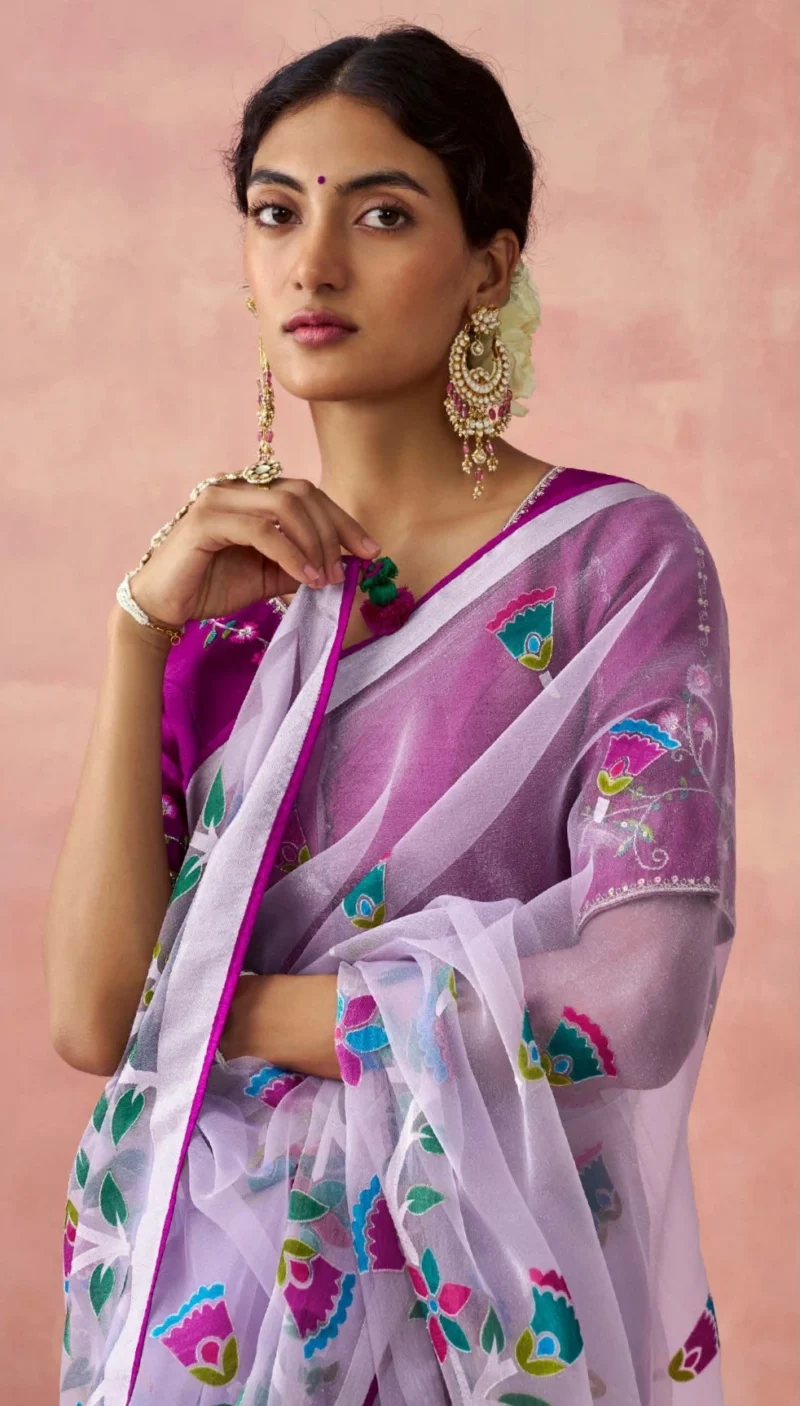 Lavender Brasso Organza Saree with Leaf Design and Embroidered Blouse