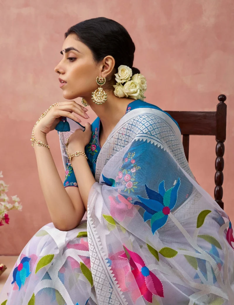 Off-White Brasso Organza Festival Wear Saree with Blue Blouse