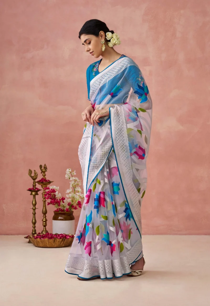 Off-White Brasso Organza Festival Wear Saree with Blue Blouse