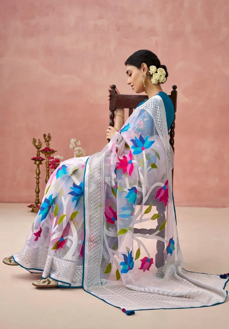 Off-White Brasso Organza Festival Wear Saree with Blue Blouse