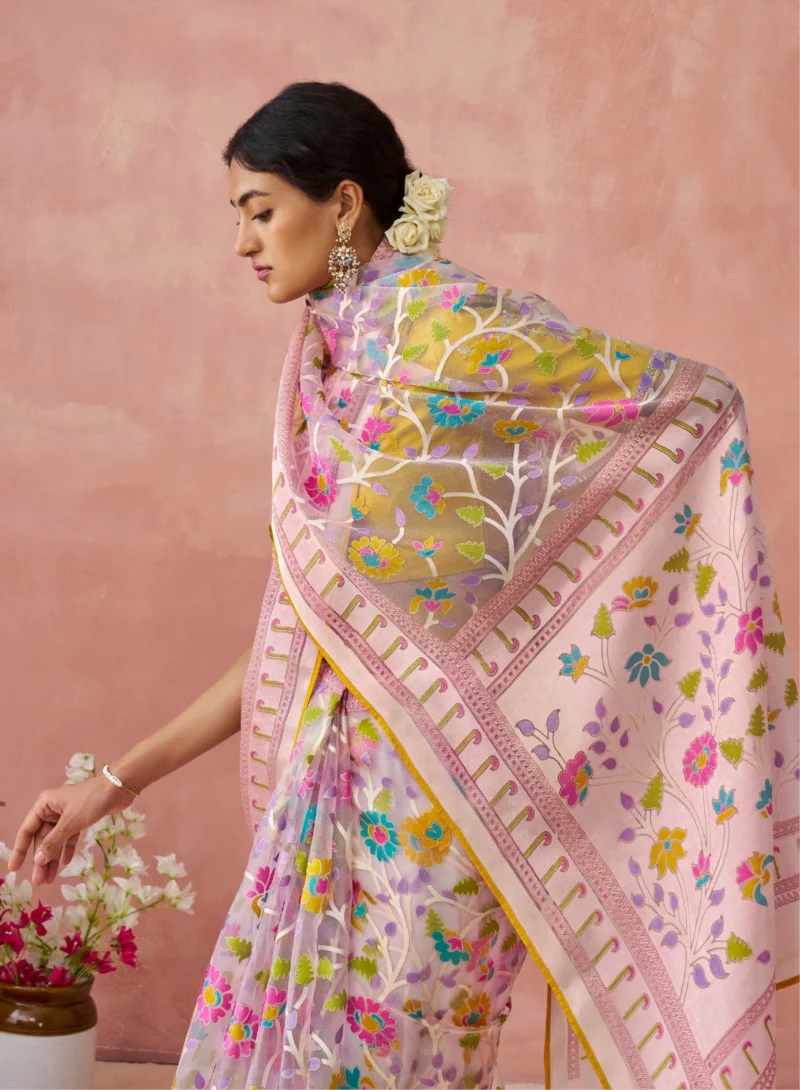 Yellow Blouse Pink Brasso Organza Saree