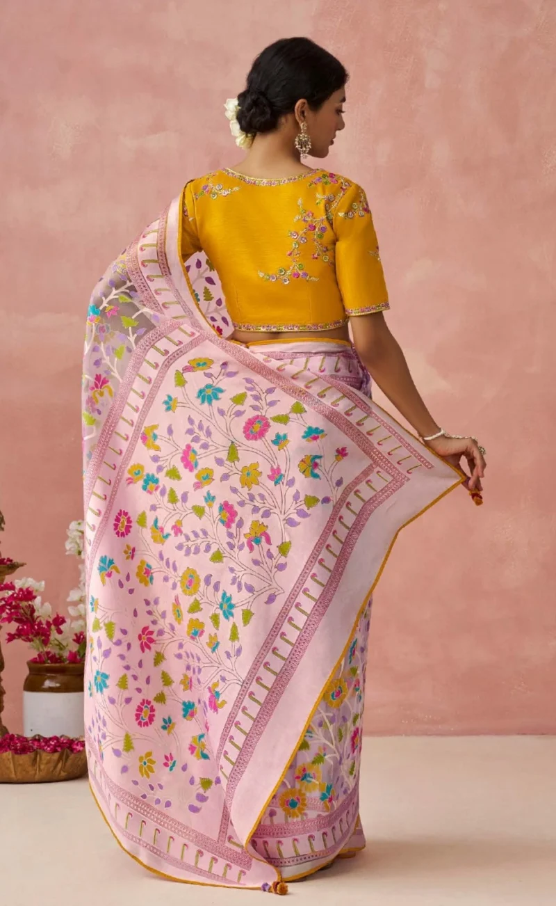 Yellow Blouse Pink Brasso Organza Saree