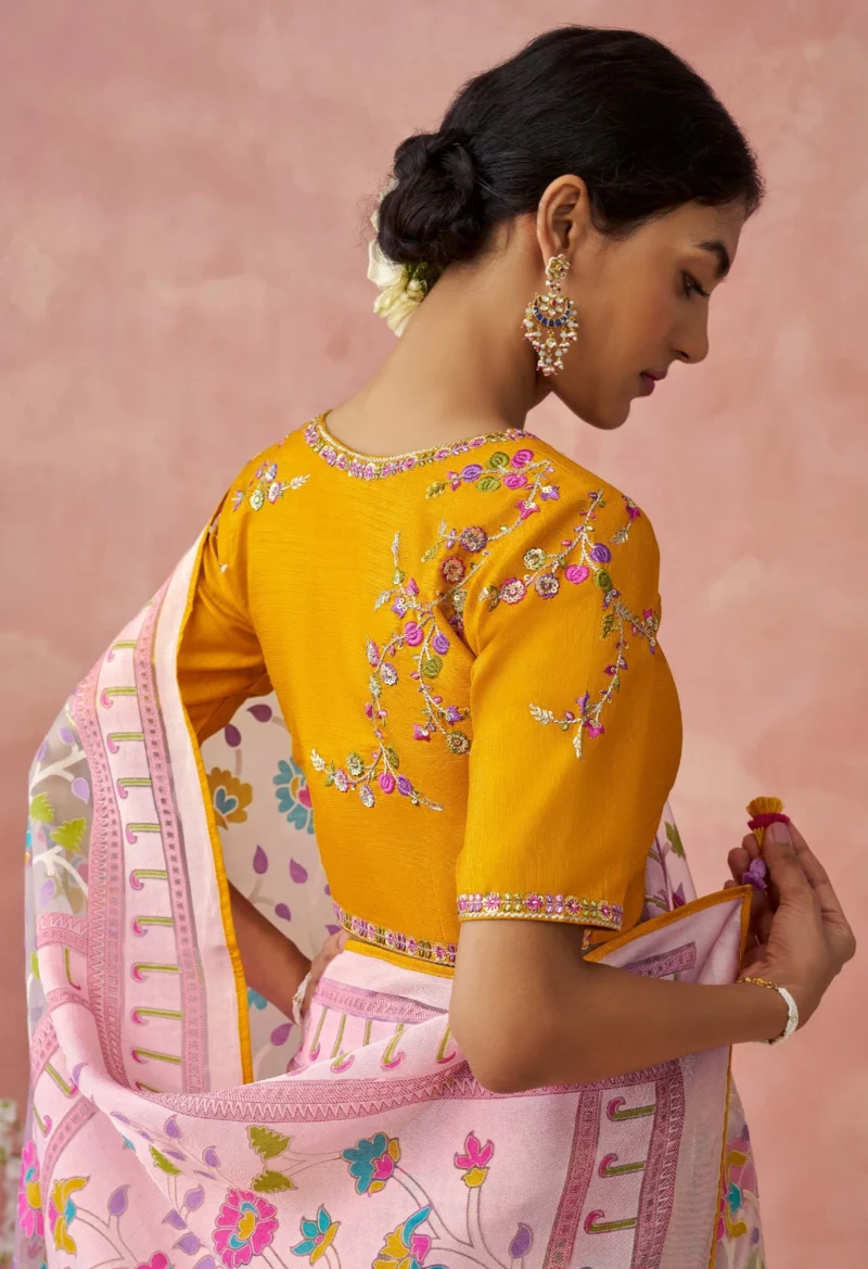 Yellow Blouse Pink Brasso Organza Saree