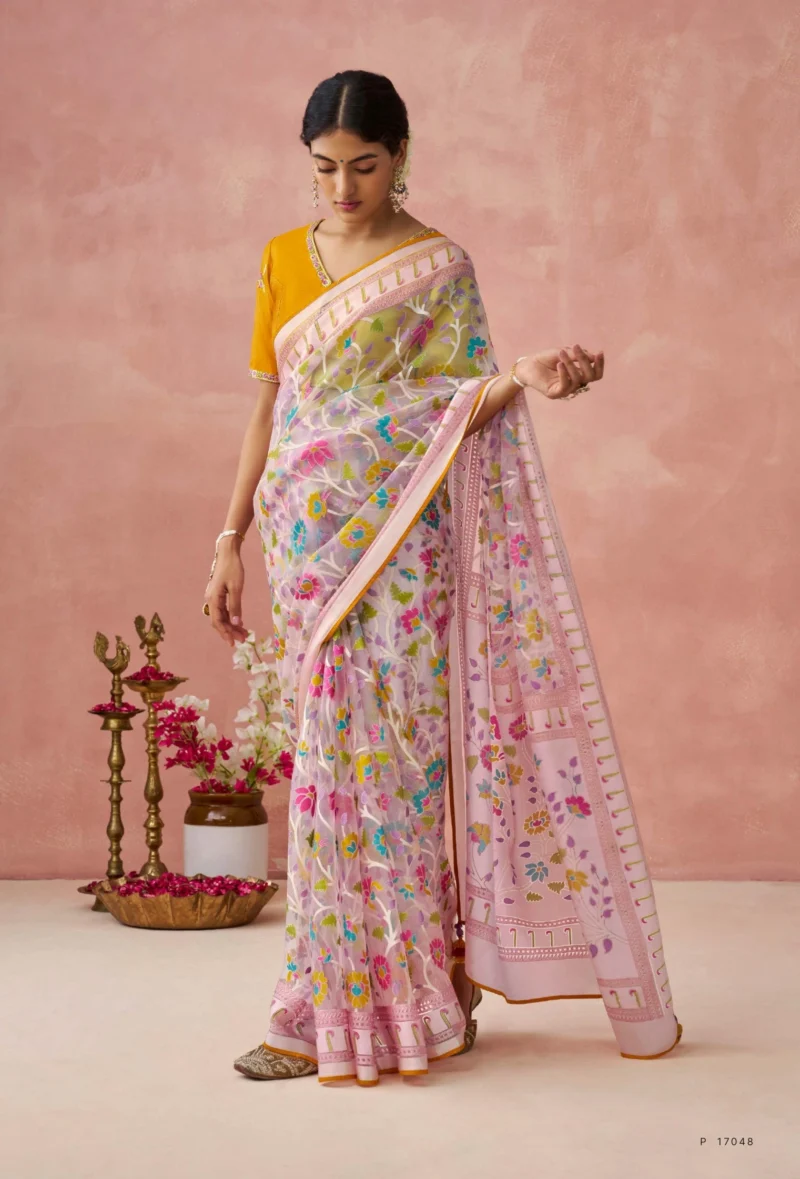 Yellow Blouse Pink Brasso Organza Saree