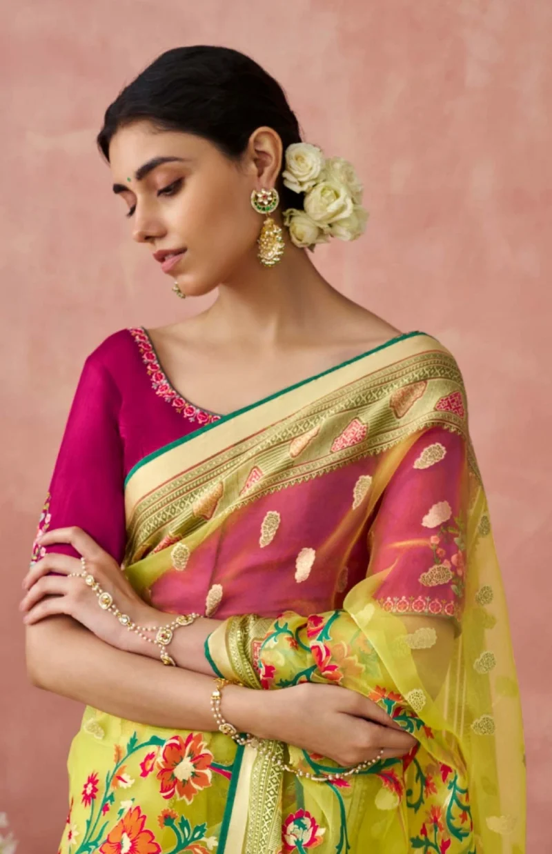 Yellow Brasso Organza Saree with Rani Blouse