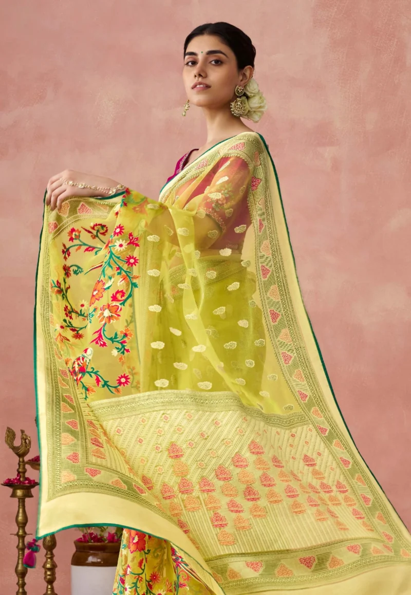 Yellow Brasso Organza Saree with Rani Blouse