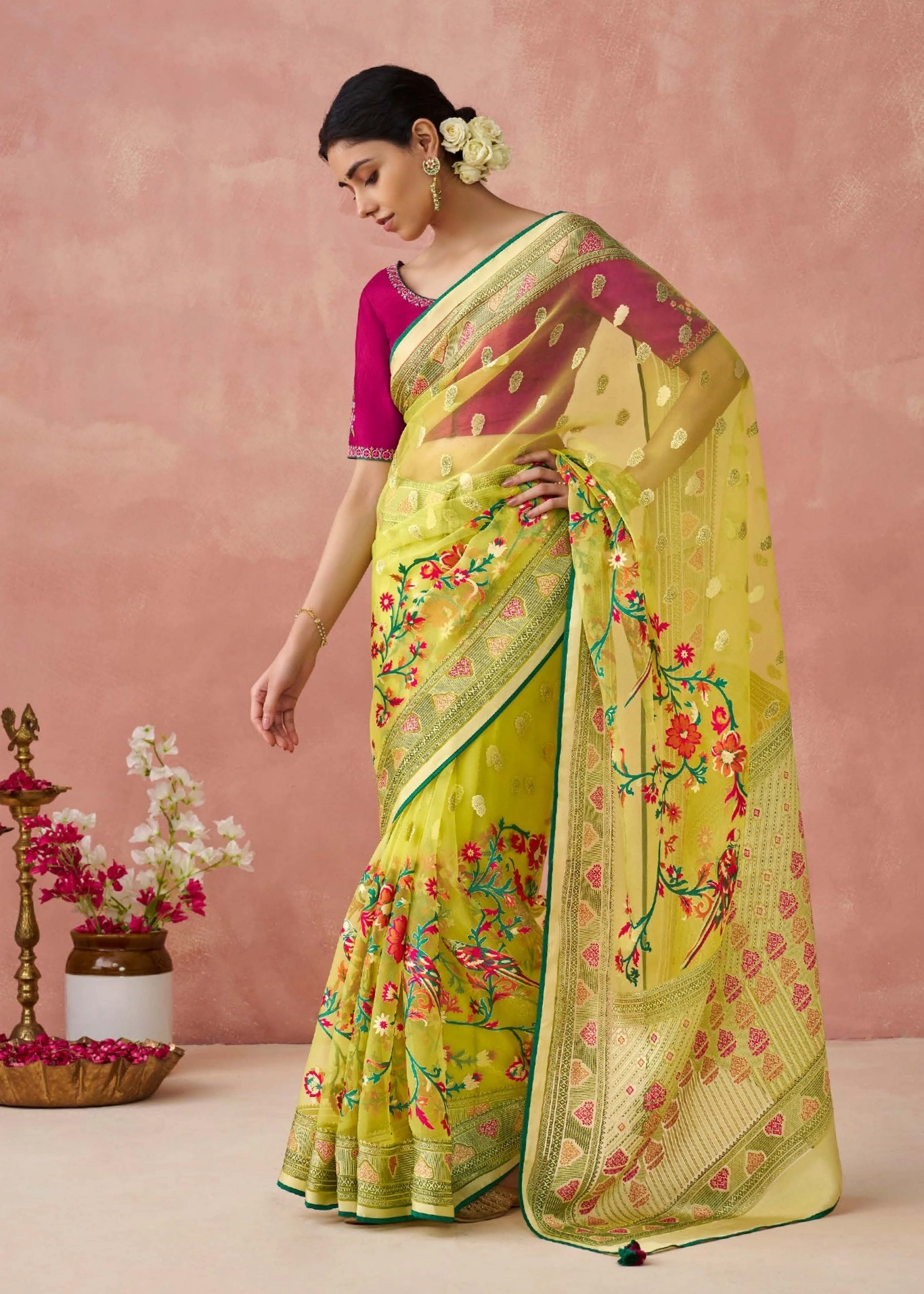 Yellow Brasso Organza Saree with Rani Blouse