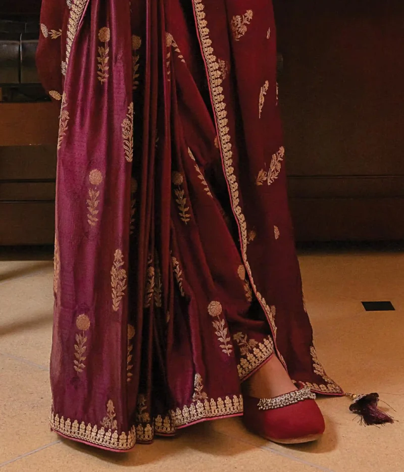 Wine Satin Silk Saree with Zari and Embroidered Blouse