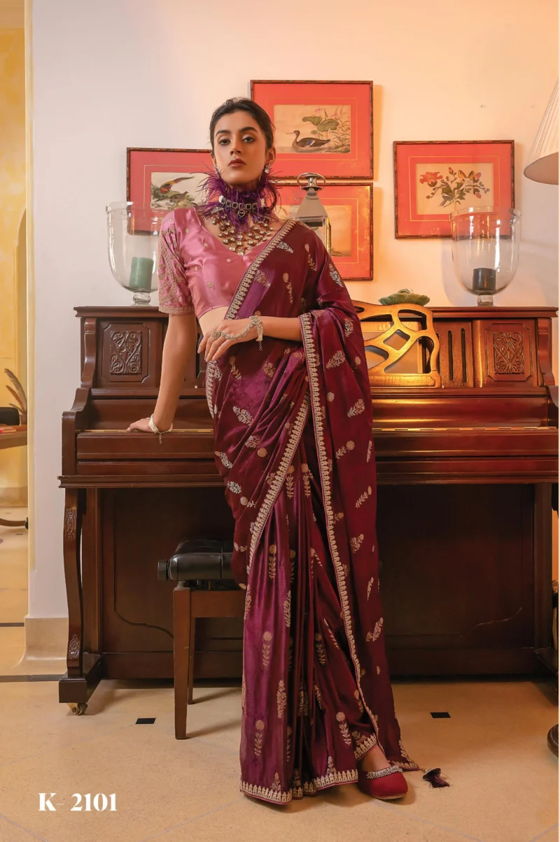 Wine Satin Silk Saree with Zari and Embroidered Blouse