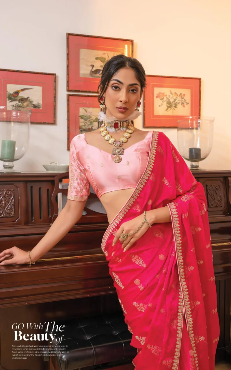 Raspberry Pink Satin Silk Saree