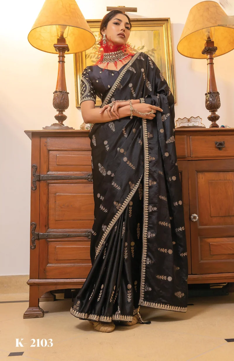 Black Satin Silk Saree with Zari and Embroidered Blouse