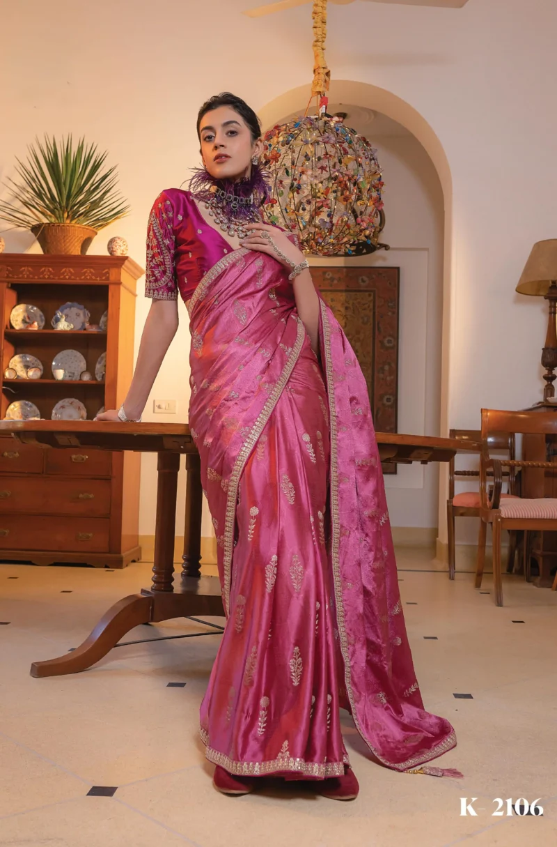 Dark Pink Satin Silk Saree with Zari and Embroidered Elegance