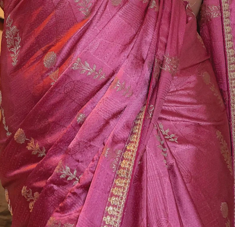 Dark Pink Satin Silk Saree with Zari and Embroidered Elegance