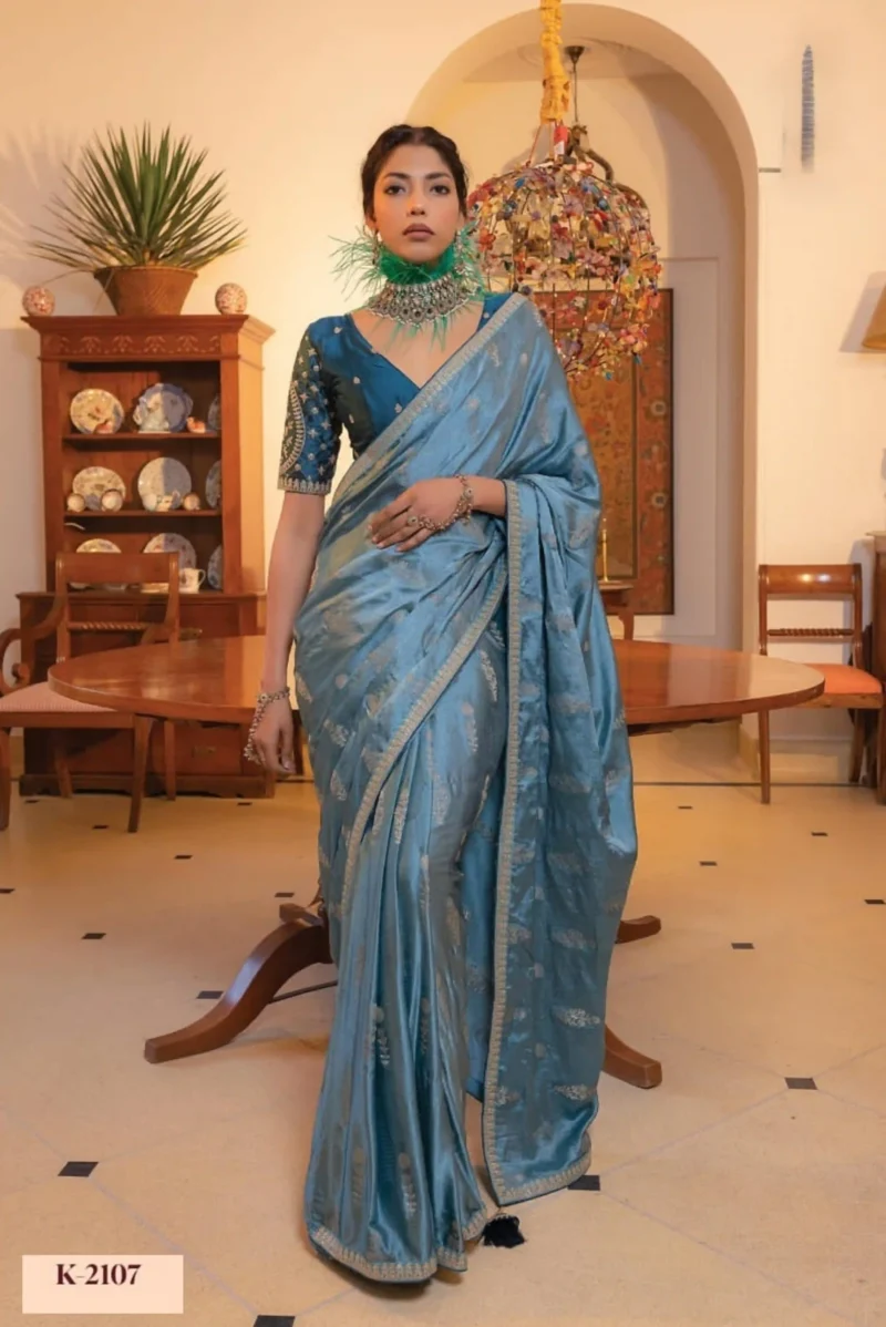 Dusty Blue Satin Silk Saree with Zari and Embroidered Charm