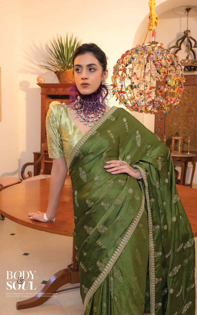 Earthy Elegance: Olive Green Satin Silk Saree with Zari and Embroidered Grace