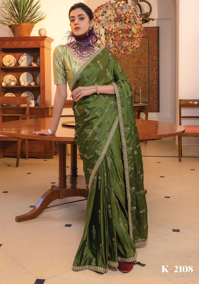 Earthy Elegance: Olive Green Satin Silk Saree with Zari and Embroidered Grace