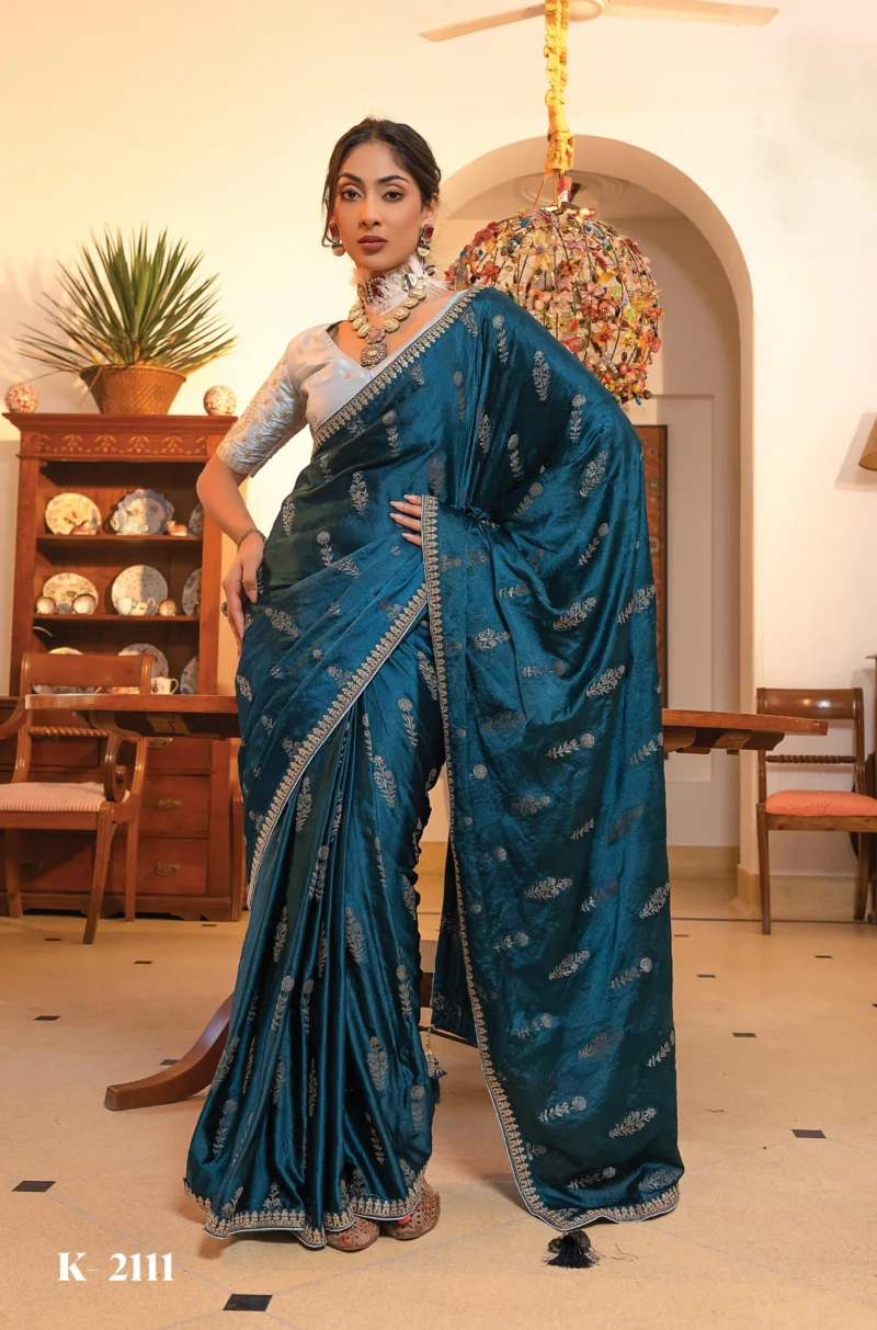 Peacock Blue Satin Silk Saree with Zari and White Embroidered Blouse