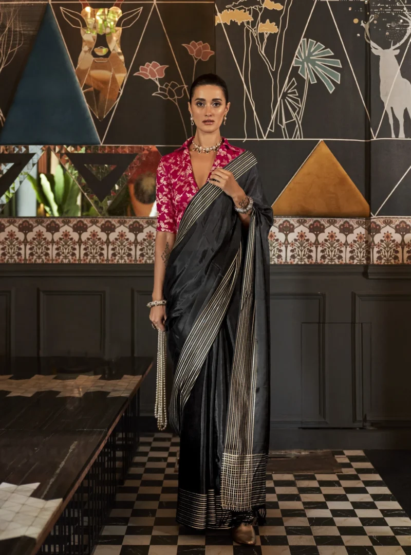 Exquisite Black Weaving Silk Saree with Contrasting Pink Art Silk Blouse