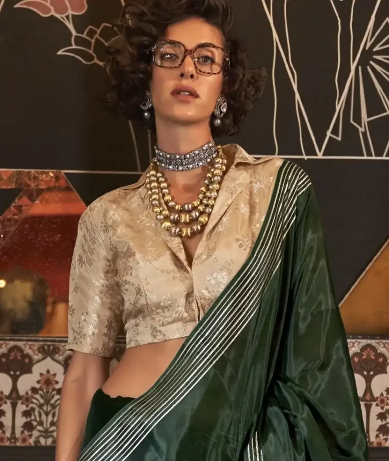 Forest Green Viscose Silk Saree with Matching Blouse