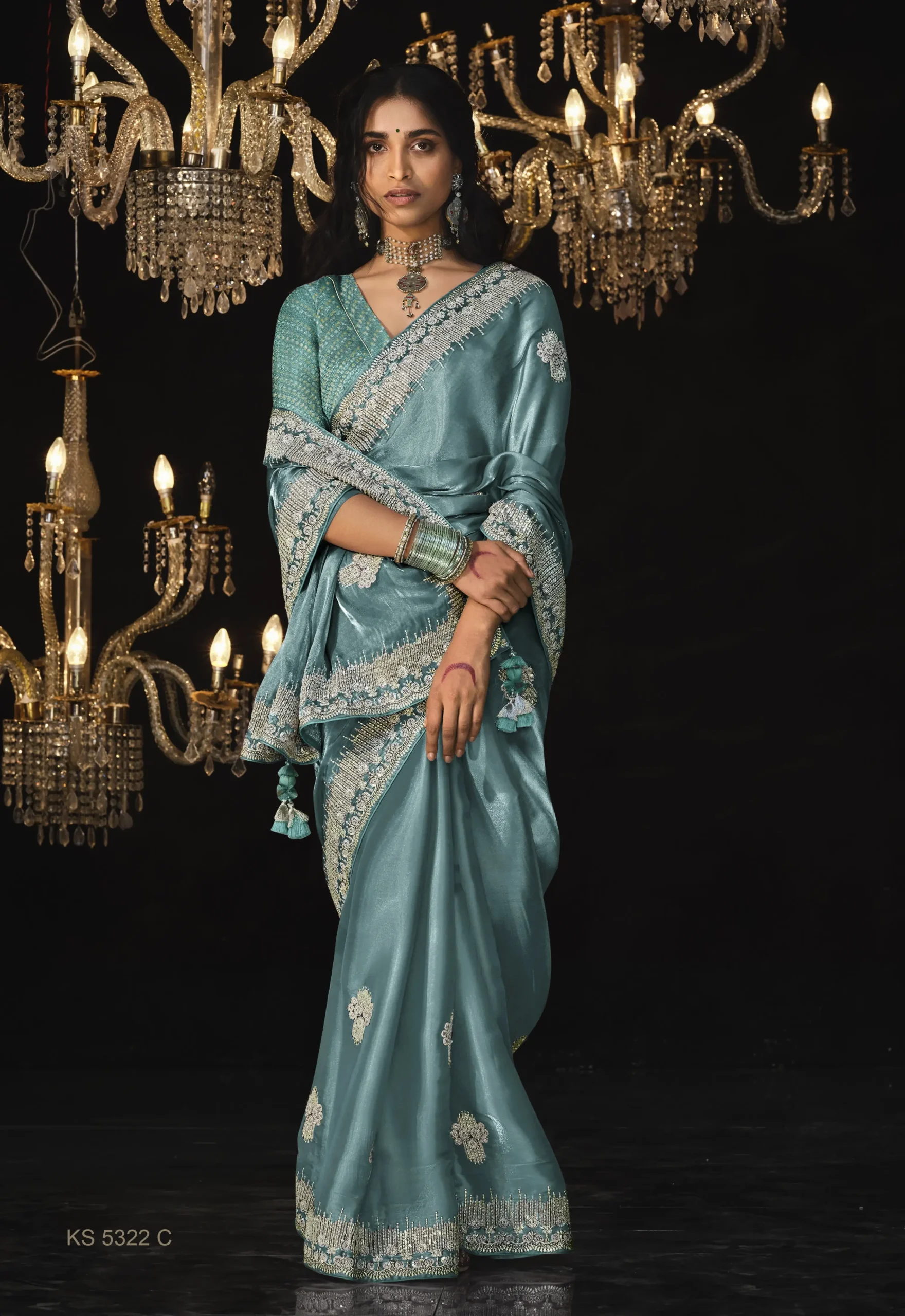 Teal Blue Tissue Silk Saree with Matching Embroidered Blouse