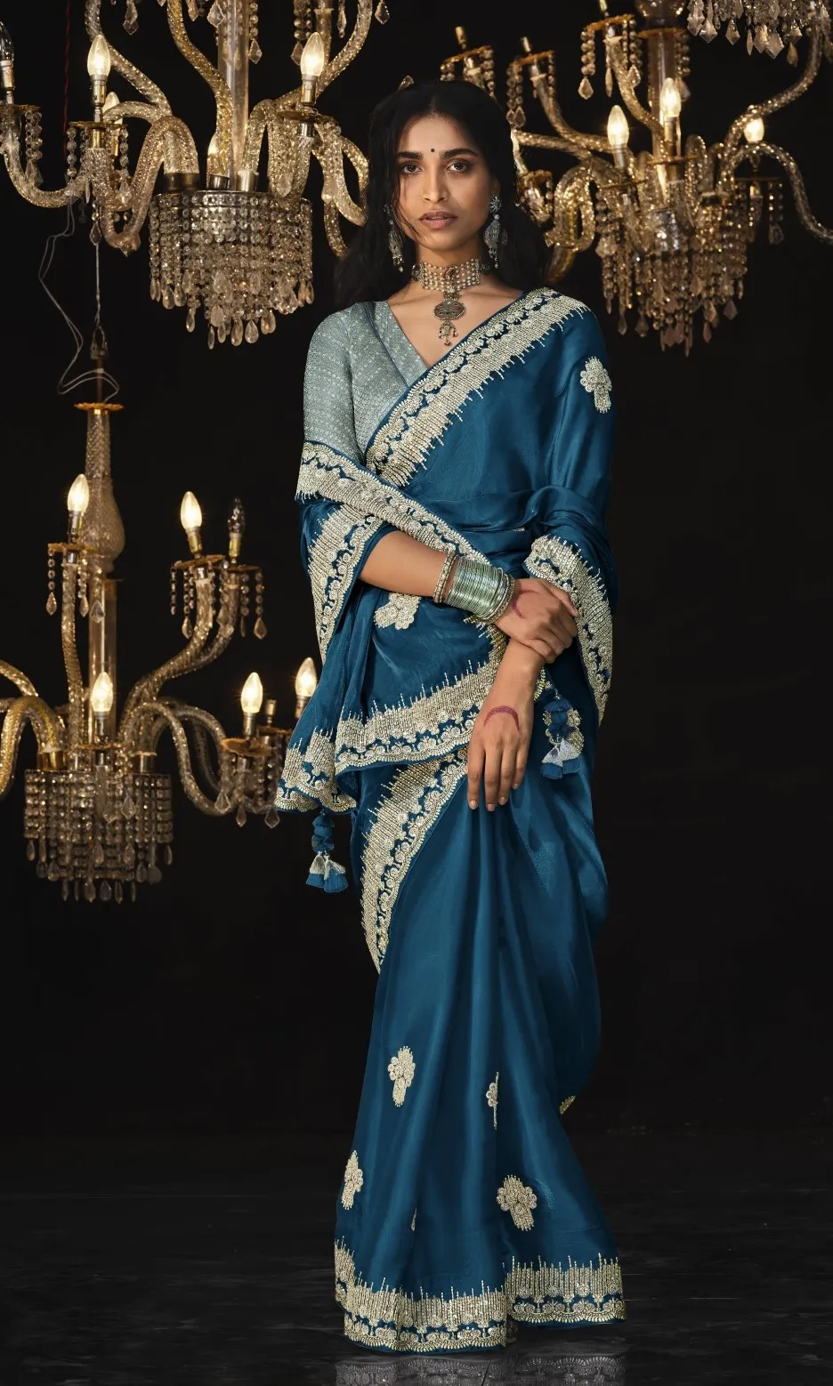 Teal Blue Tissue Embroidery Designer Saree