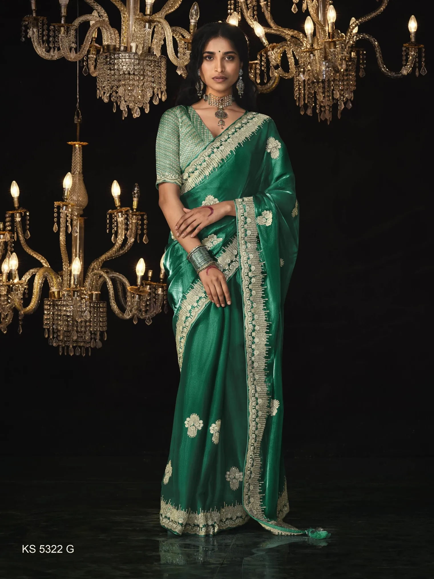 Jungle Green Tissue Embroidery Designer Saree