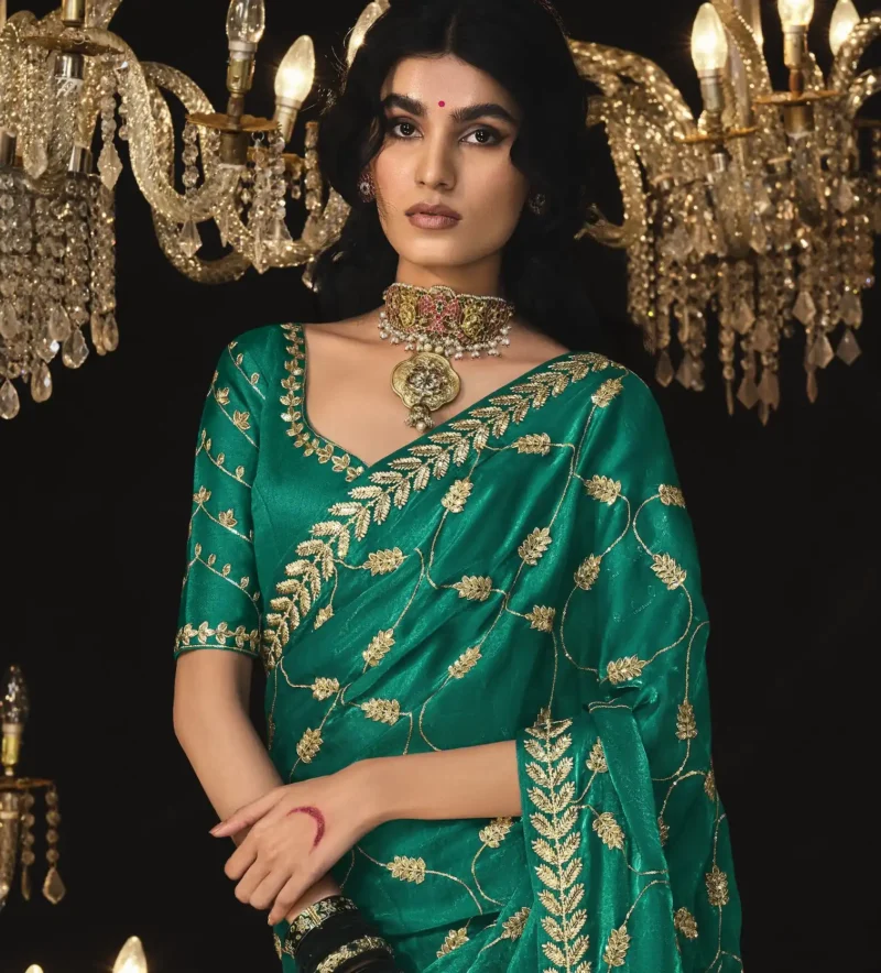 Green Glass Tissue Silk Saree with Sequins