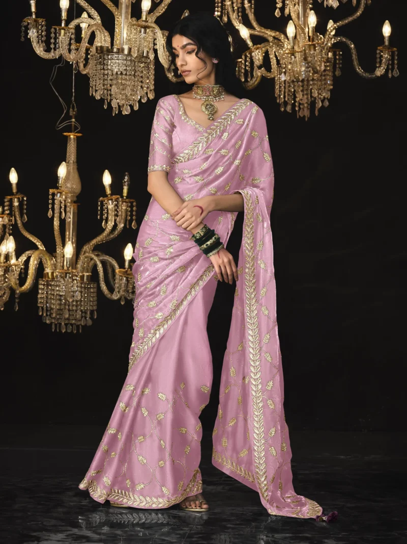 Golden Embroidered Pastel Pink Tissue Silk Saree