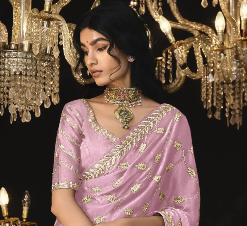 Golden Embroidered Pastel Pink Tissue Silk Saree