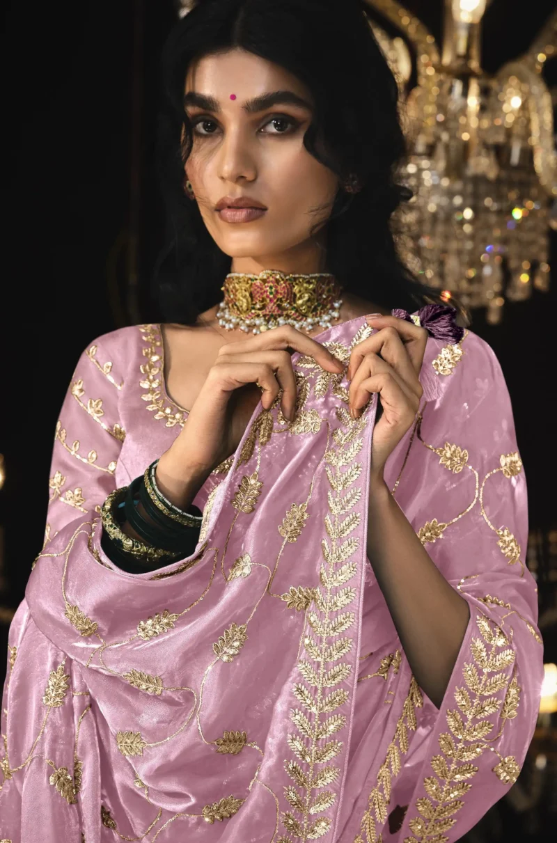 Golden Embroidered Pastel Pink Tissue Silk Saree