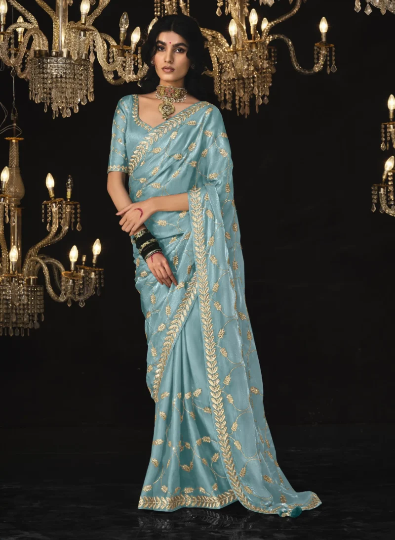 Aqua Blue Silk Designer Saree