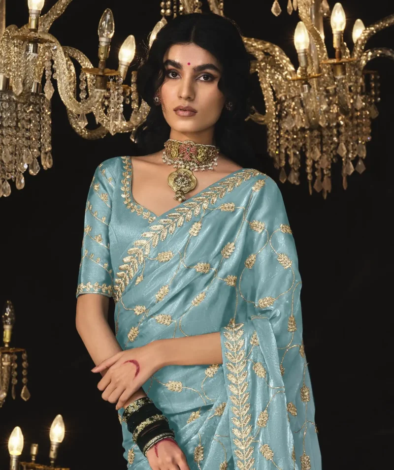 Aqua Blue Silk Designer Saree