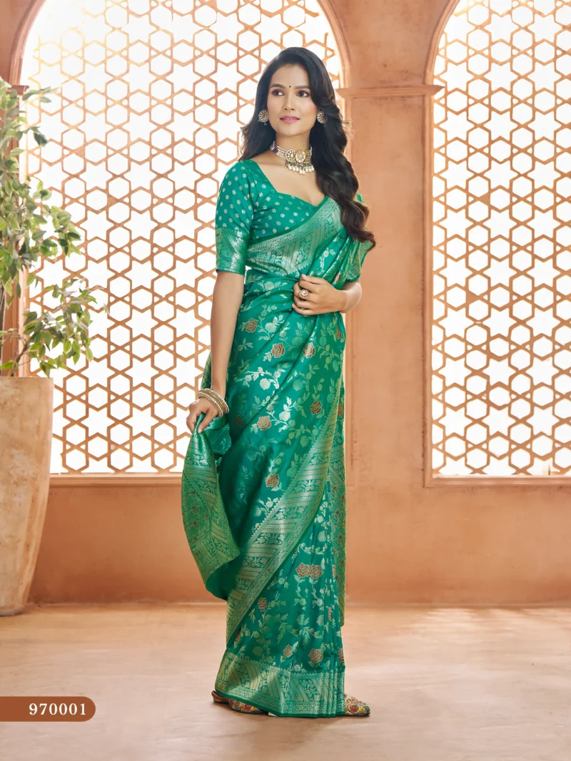 green soft Banarasi silk saree with butti work