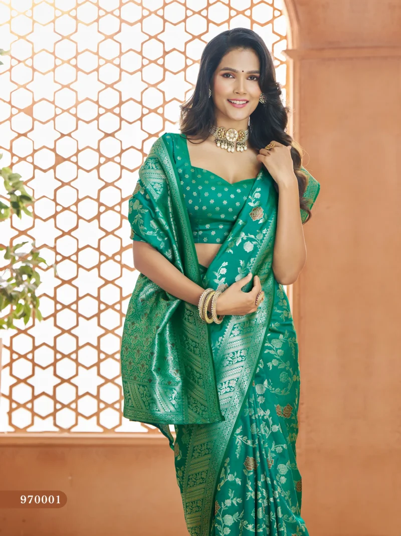 green soft Banarasi silk saree with butti work