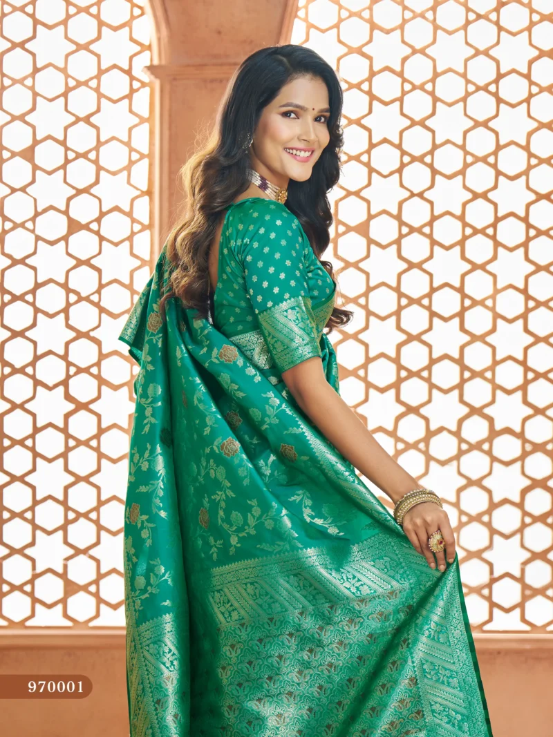 green soft Banarasi silk saree with butti work