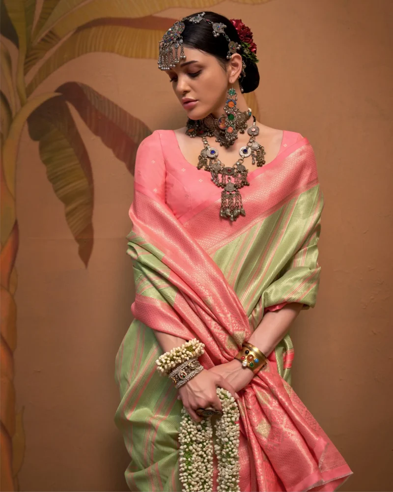 Sea Green Weaving Silk Festival Wear Saree with Pink Blouse