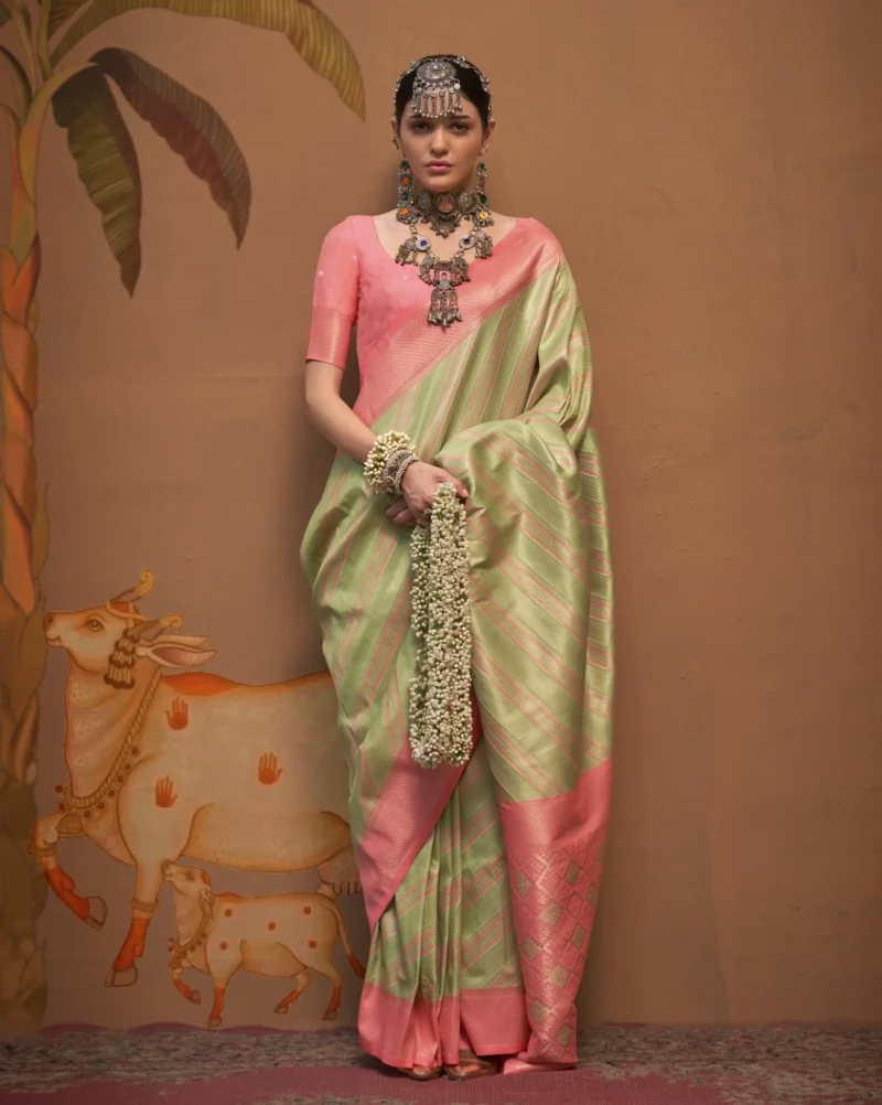 Sea Green Weaving Silk Festival Wear Saree with Pink Blouse