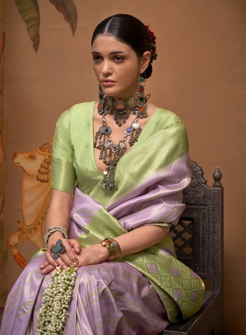 Purple Weaving Silk Traditional Saree with Green Blouse