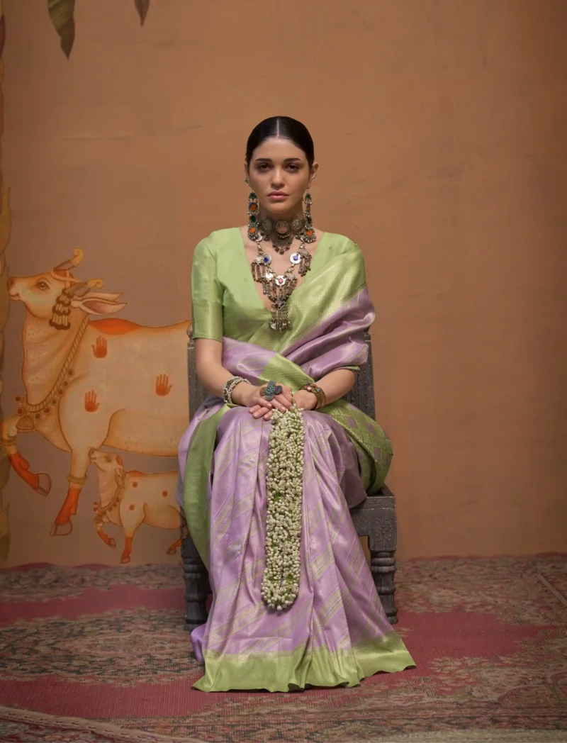 Purple Weaving Silk Traditional Saree with Green Blouse