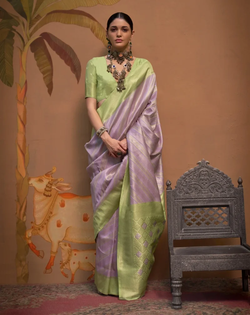 Purple Weaving Silk Traditional Saree with Green Blouse