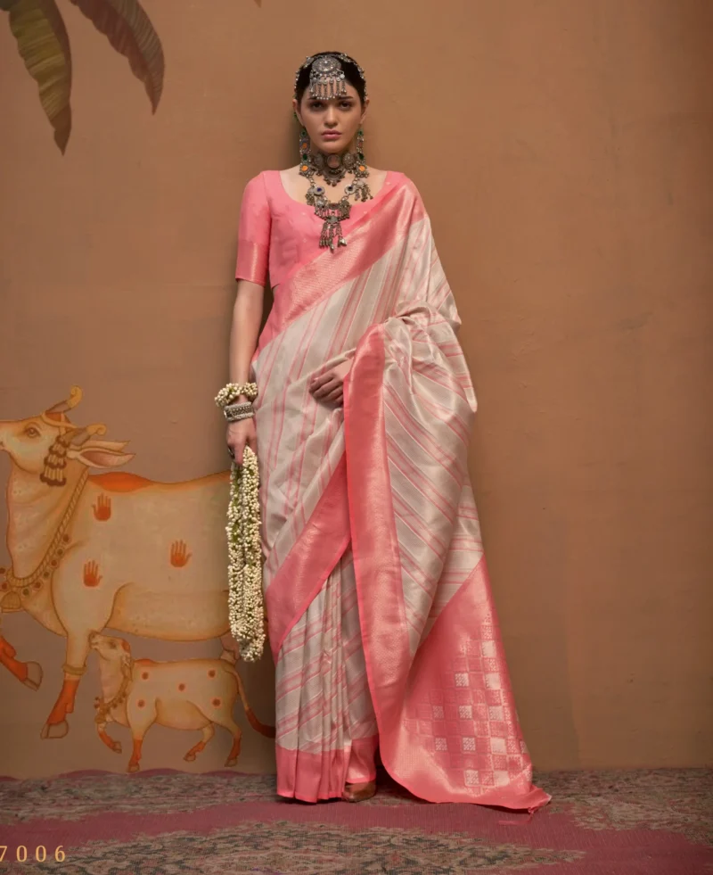 Off-White Weaving Silk Traditional Saree with Pink Blouse