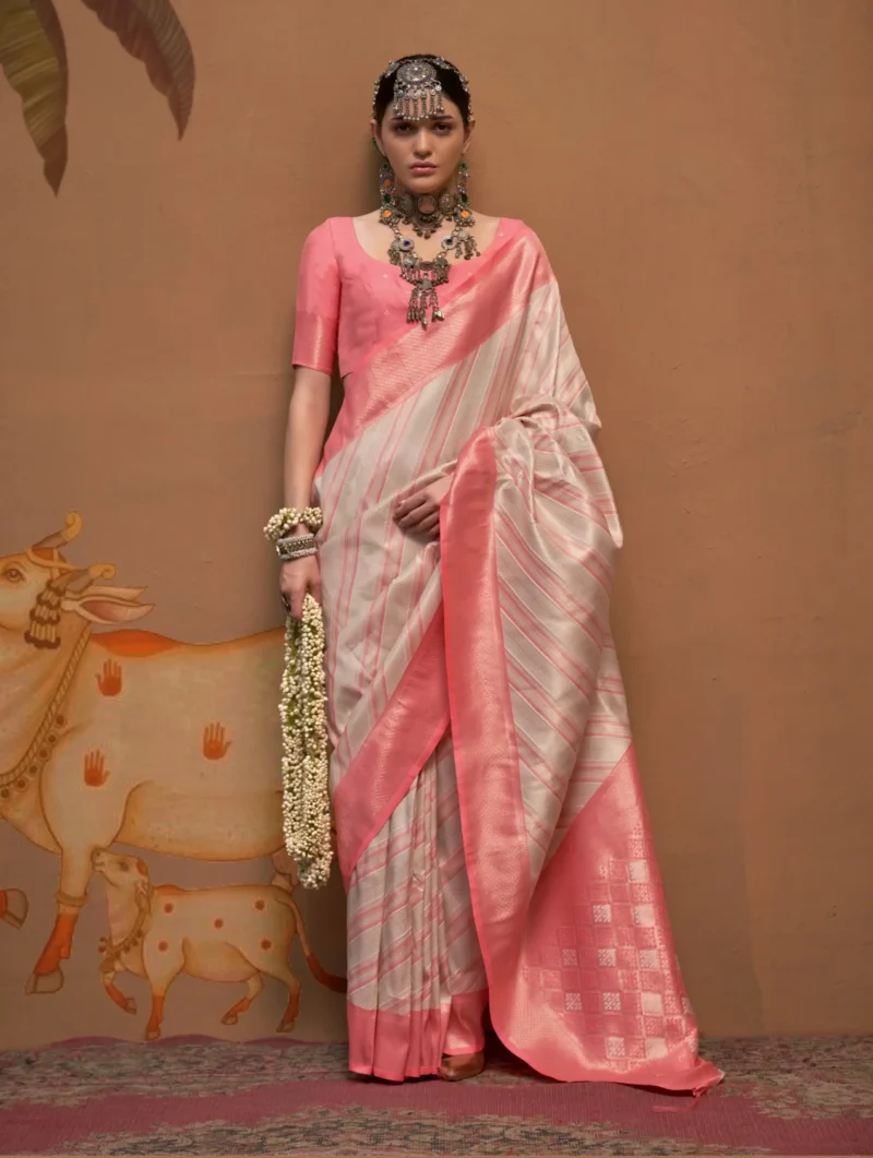 Off-White Weaving Silk Traditional Saree with Pink Blouse