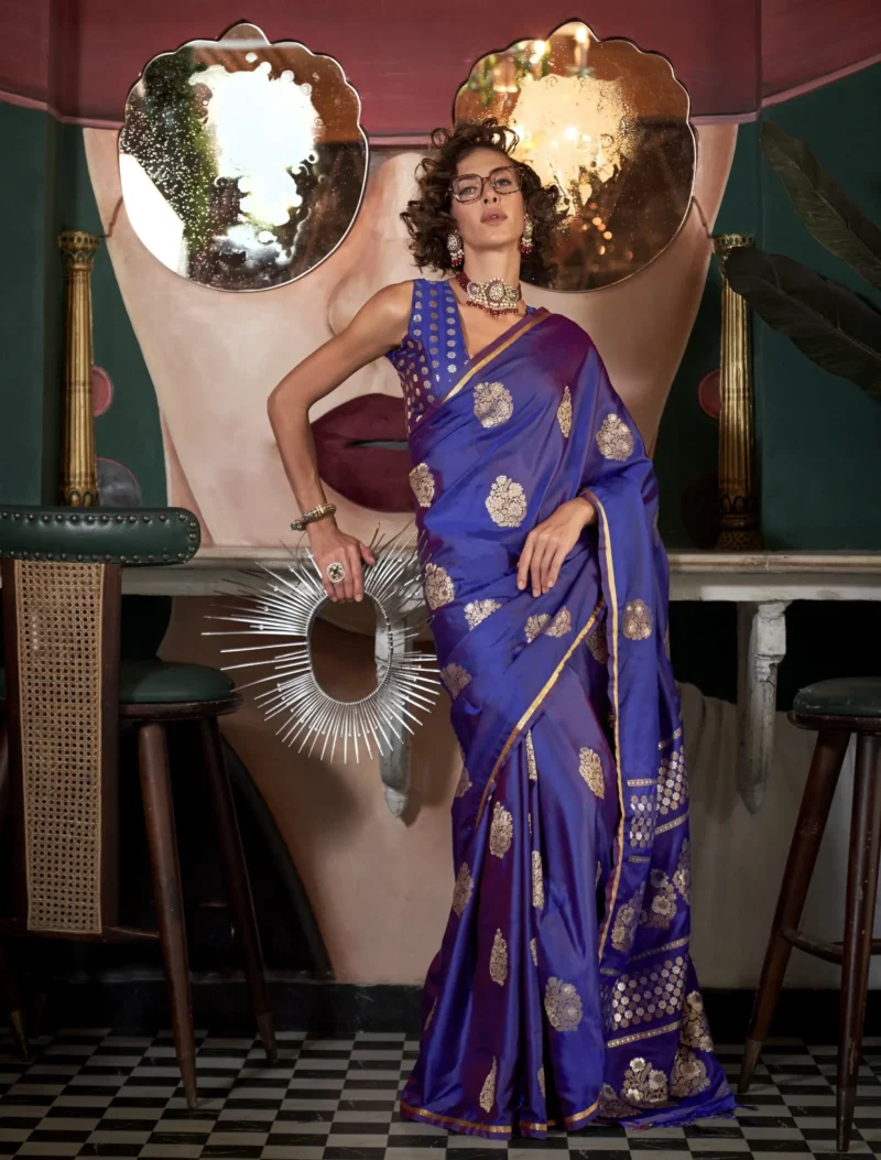 Violet Floral Zari Woven Satin Saree