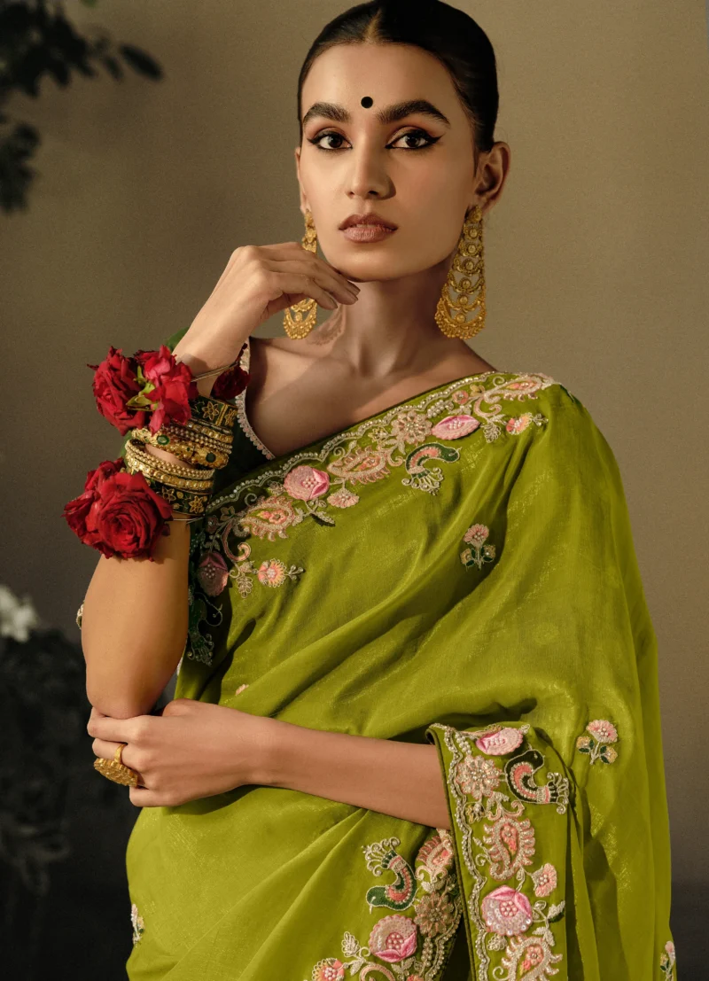 Green Two Tone Multi Embroidery Wedding Silk Saree