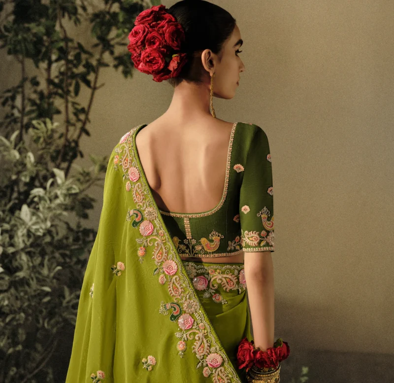 Green Two Tone Multi Embroidery Wedding Silk Saree