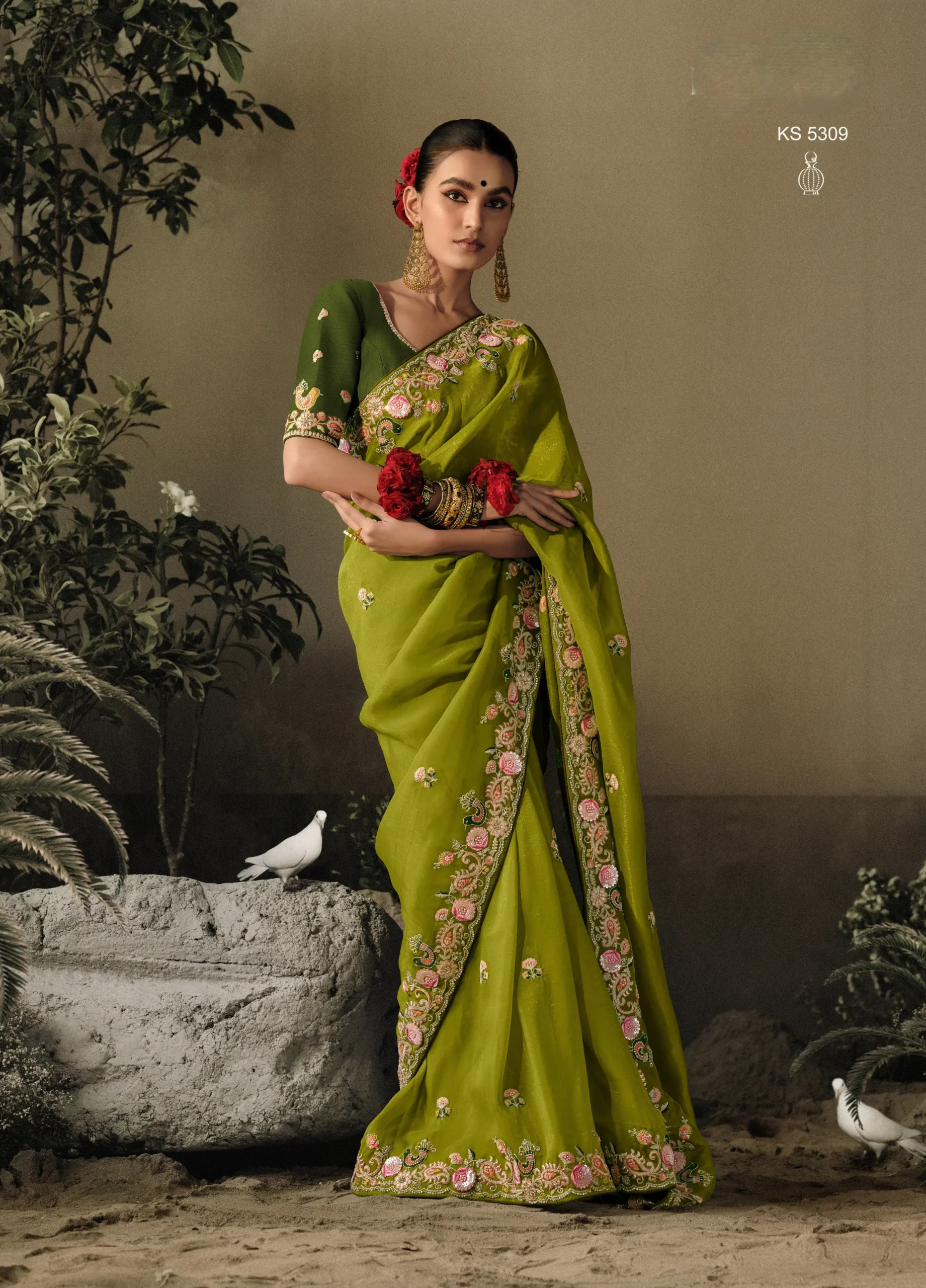 Green Two Tone Multi Embroidery Wedding Silk Saree