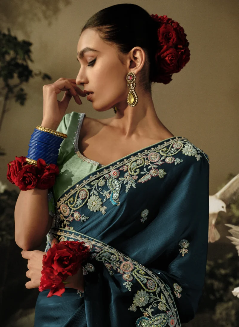 Blue Embroidered Designer Dola Silk Saree: A Regal Choice