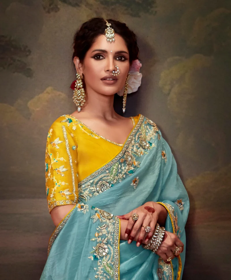 Sky Blue Organza Silk Wedding Saree with Yellow Embroidered Blouse